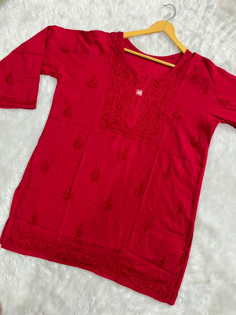 DOBY COTTON SHORT HANDWORK KURTI IN RED.
