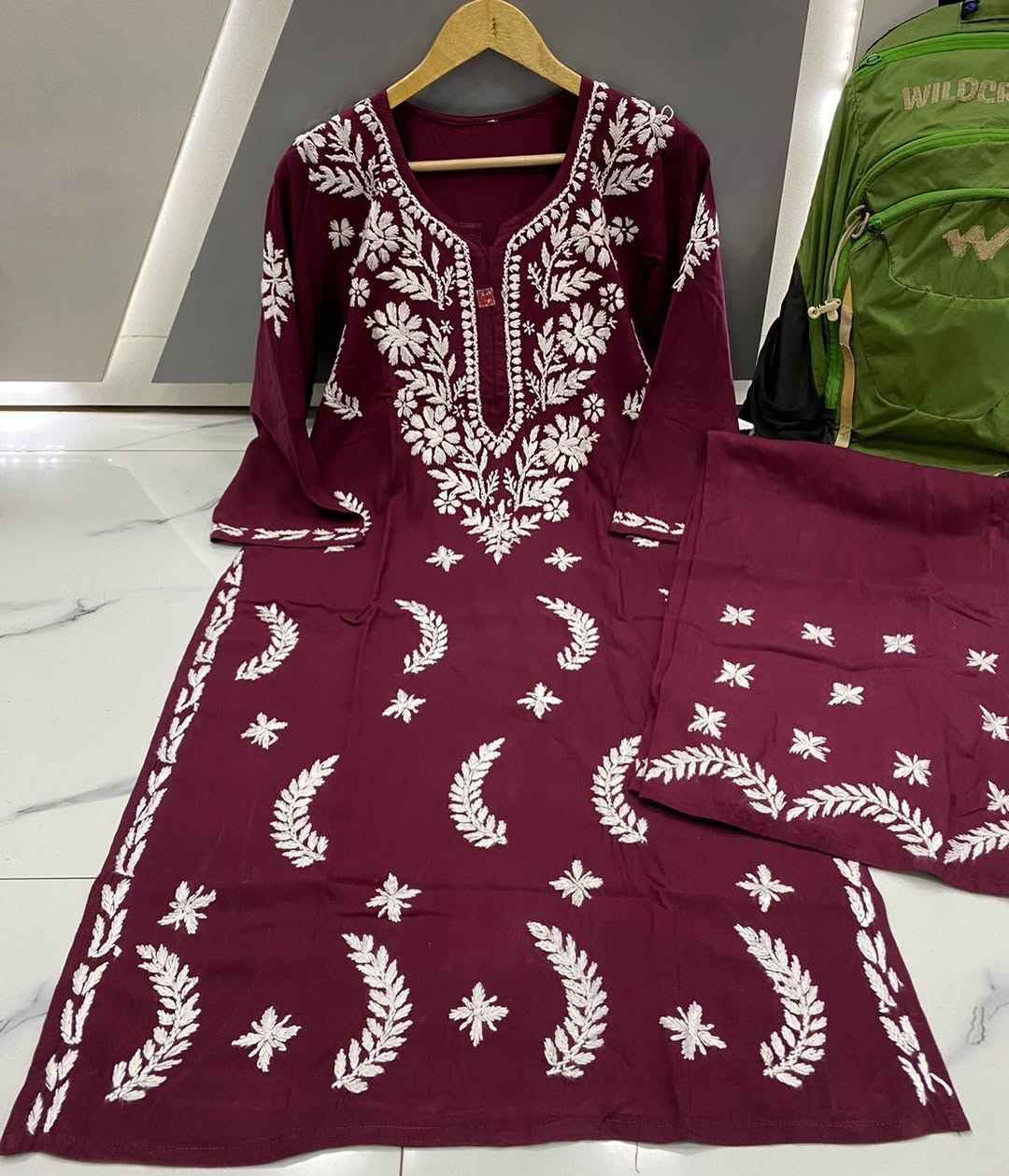 RAYON 2 PIECE KURTI PLAZO SET IN MAROON SHADE.