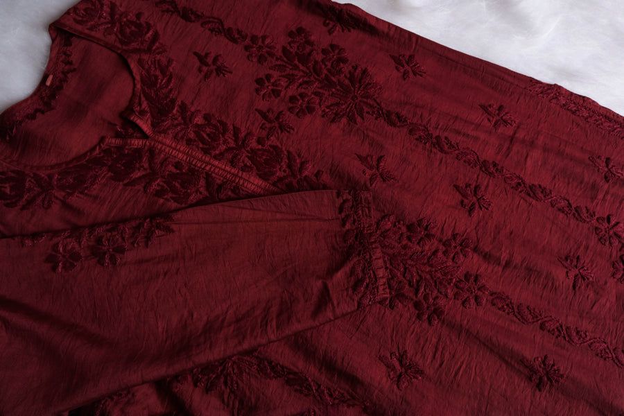 ROSY 2 PIECE CHANDERI HANDWORK KURTI PLAZO SET. view 2