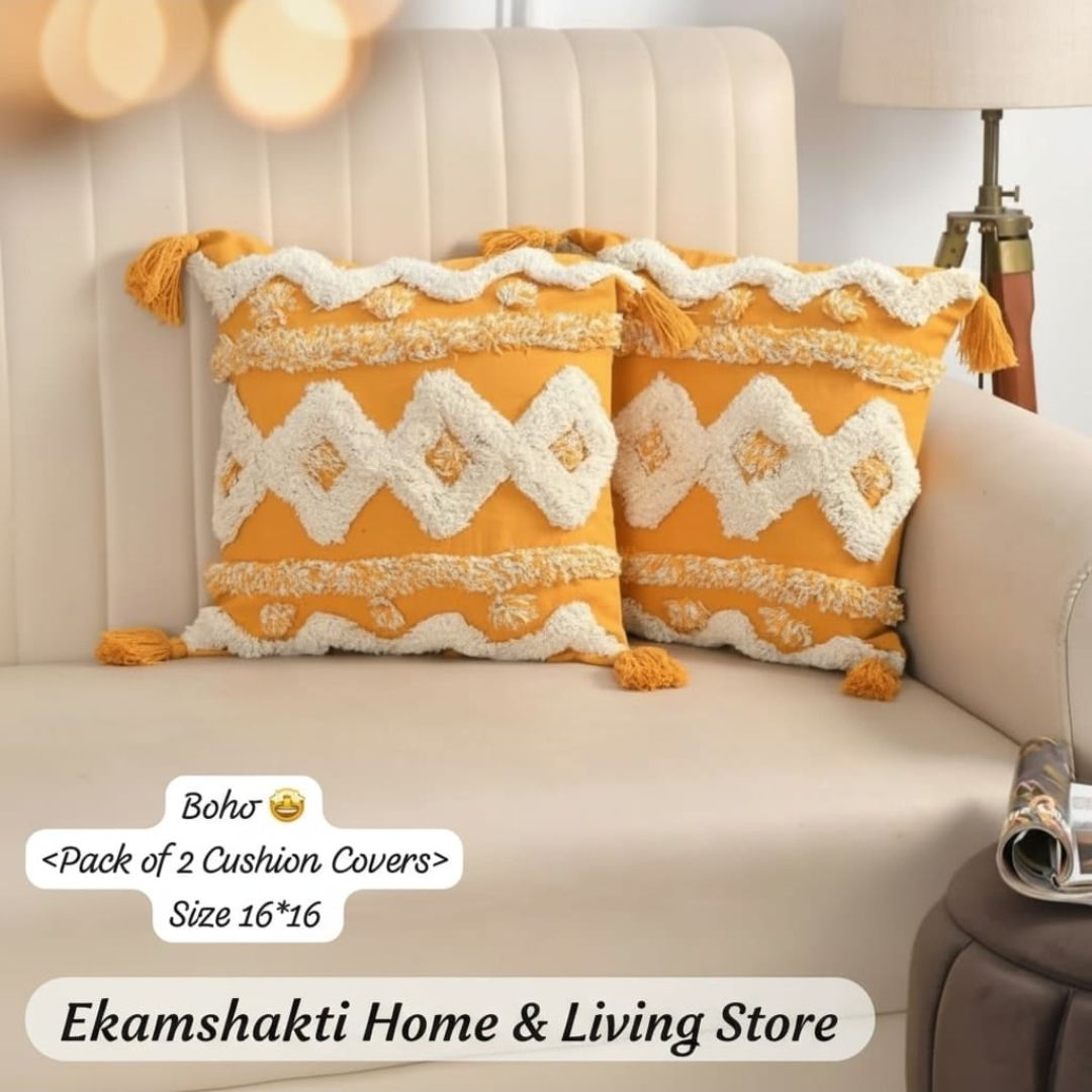 Boho Mustard Tufted Cushion Covers (Pack of 2)