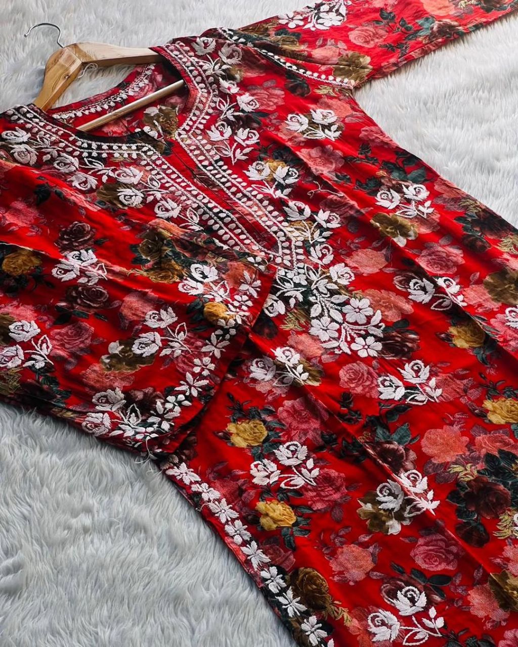 PURE MULMUL HANDWORK 2 PIECE SET IN BEAUTIFUL RED PRINT.