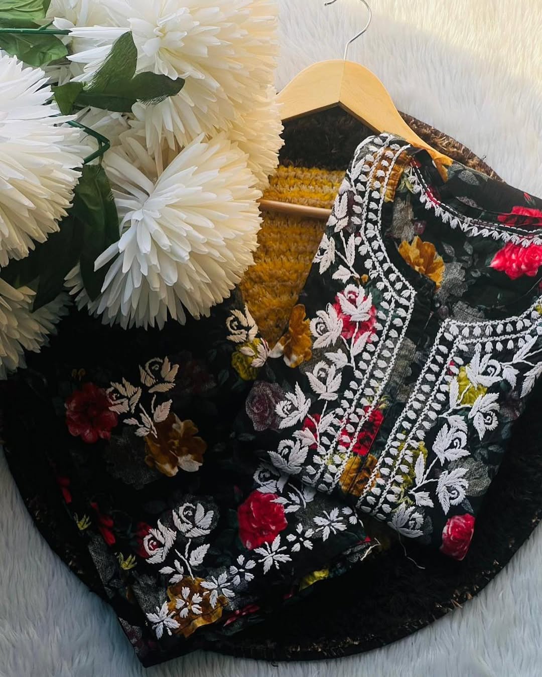 PURE MULMUL HANDWORK 2 PIECE SET IN BLACK.