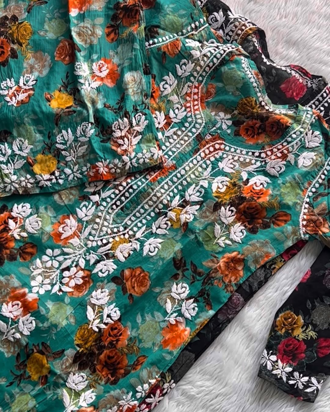 PURE MULMUL HANDWORK 2 PIECE SET IN GREEN.