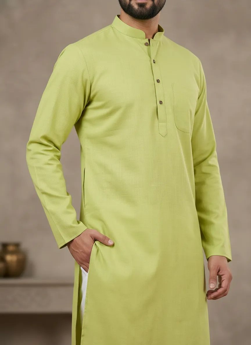 PC's Solid Green Kurta Pajama Set view 3