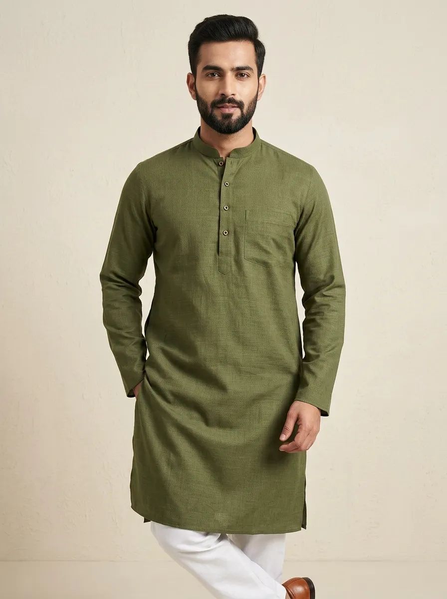 PC's Solid Olive Green Kurta Pajama Set
