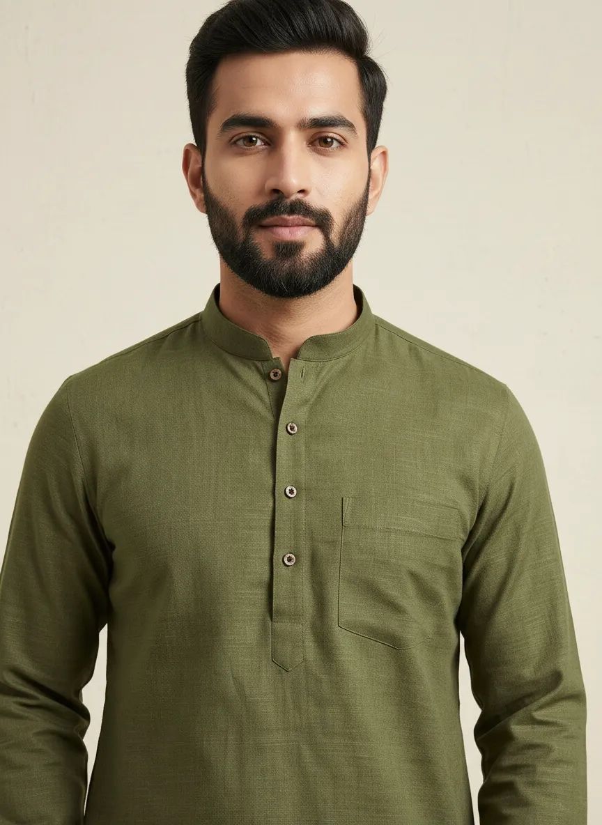 PC's Solid Olive Green Kurta Pajama Set view 3
