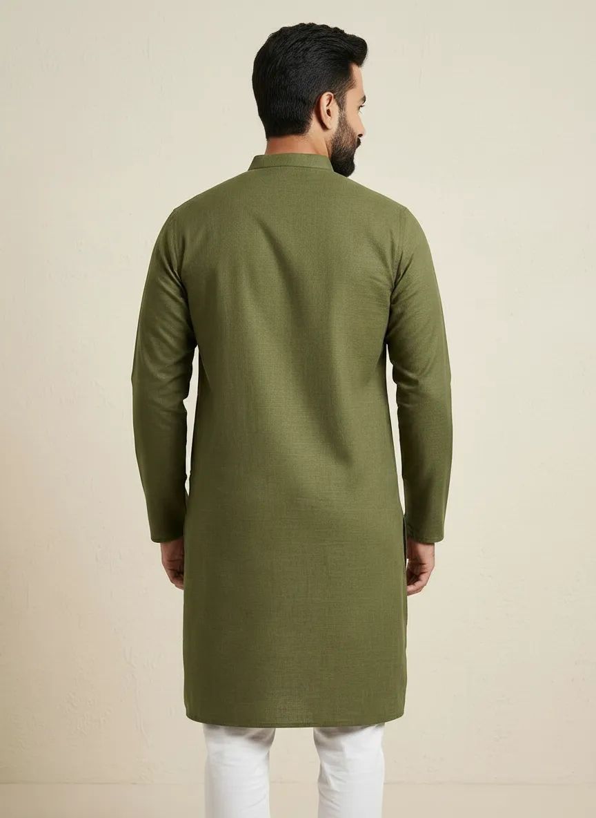 PC's Solid Olive Green Kurta Pajama Set view 2