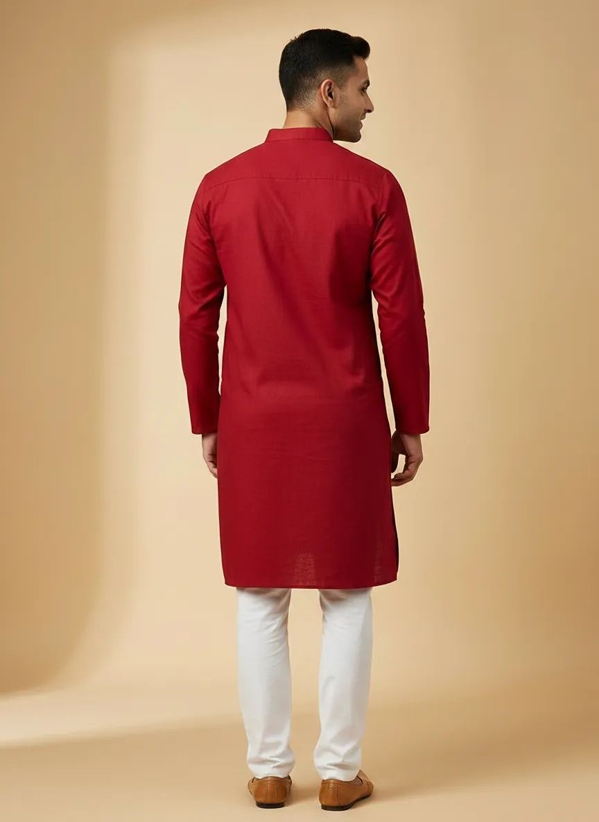 PC's Solid Red Kurta Pajama Set view 3