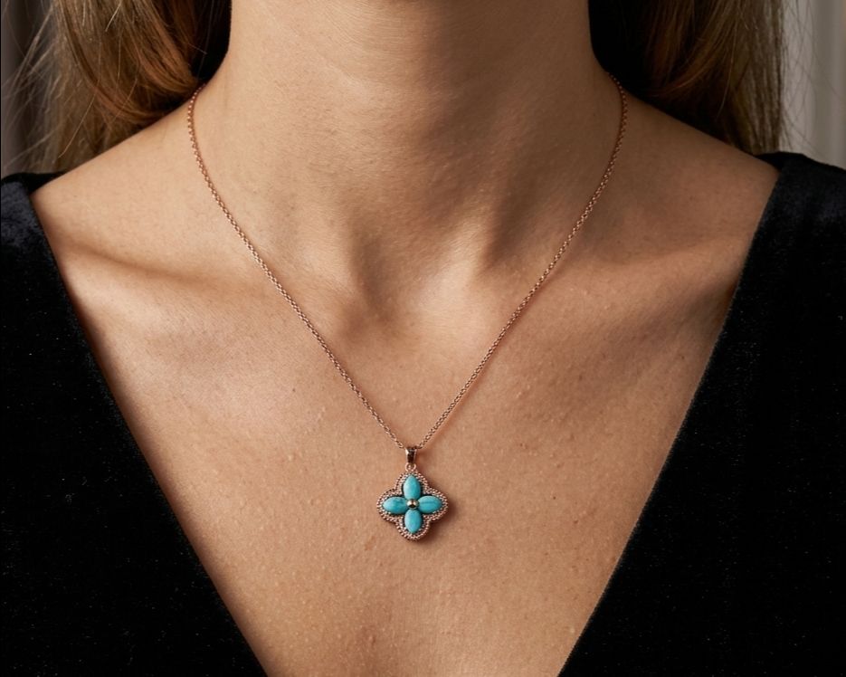 Turquoise Floral Pendant Necklace view 2