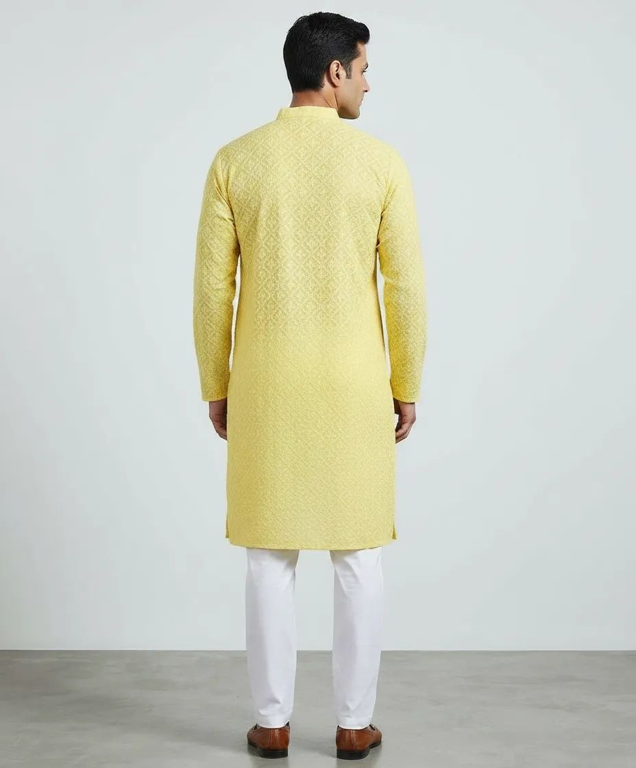Yellow Chikankari Kurta Pajama Set view 3