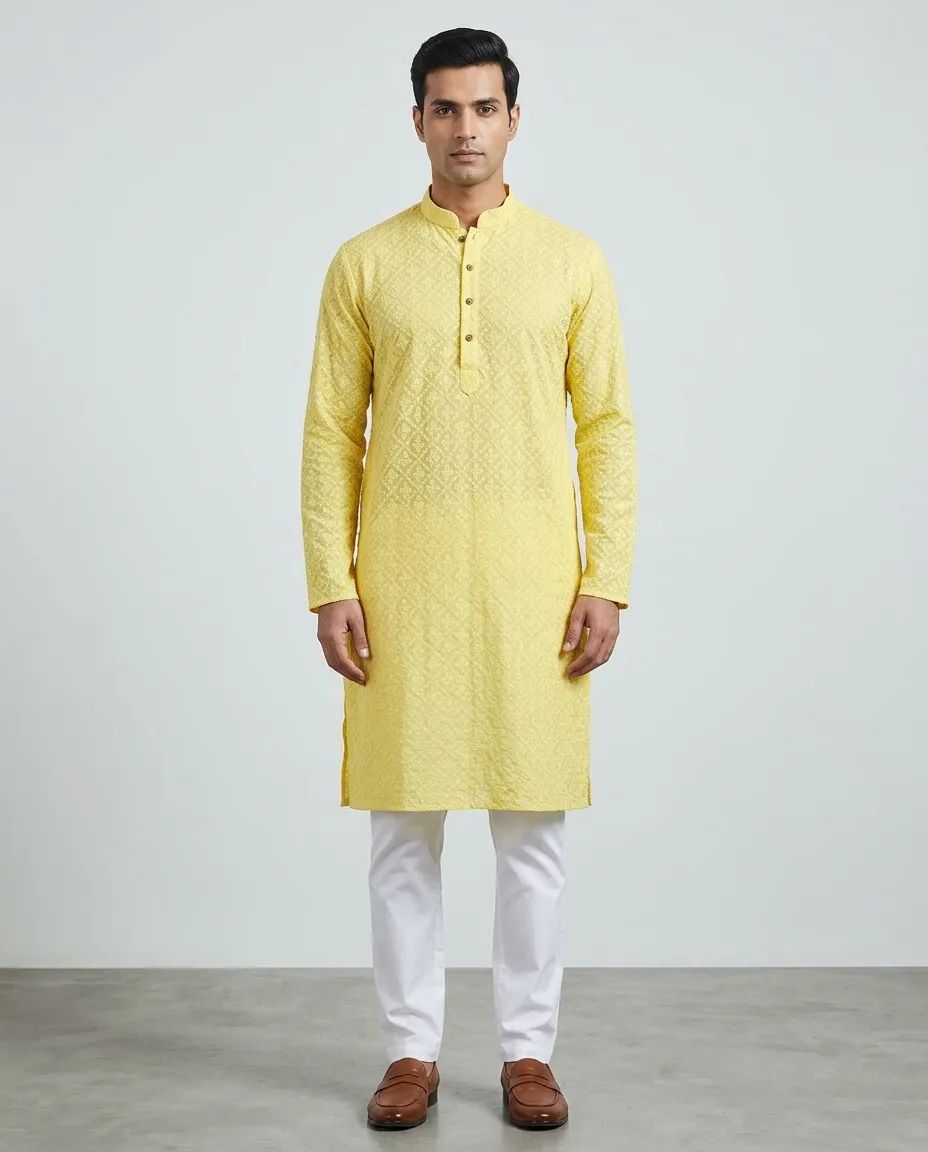 Yellow Chikankari Kurta Pajama Set