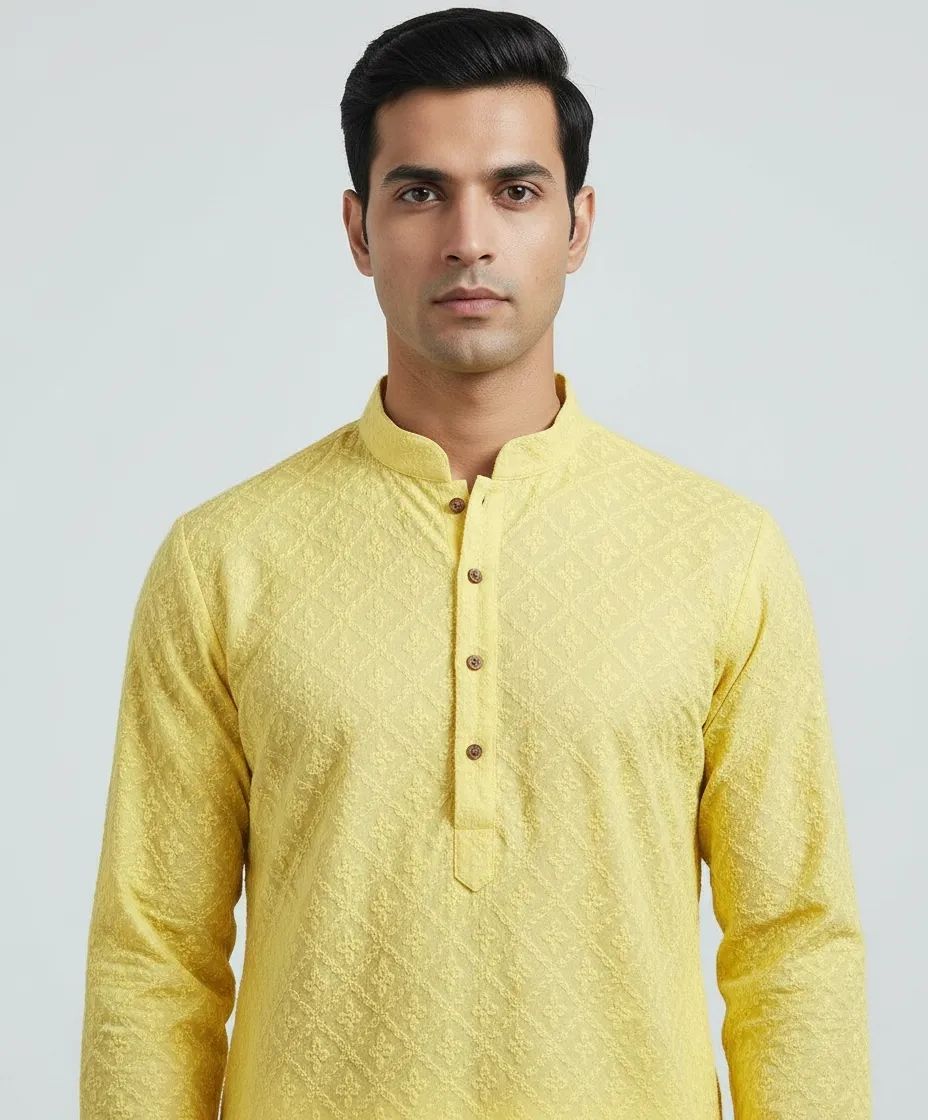 Yellow Chikankari Kurta Pajama Set view 2