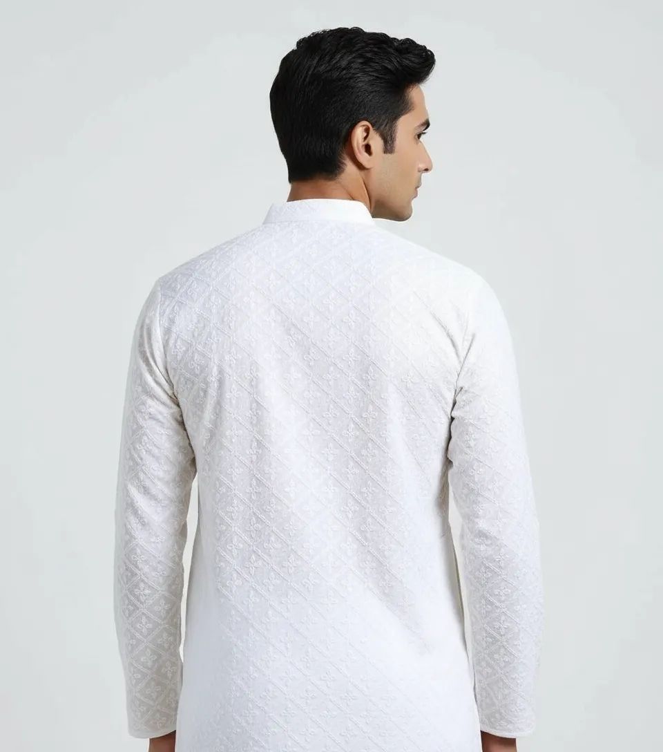 White Chikankari Kurta Pajama Set view 2