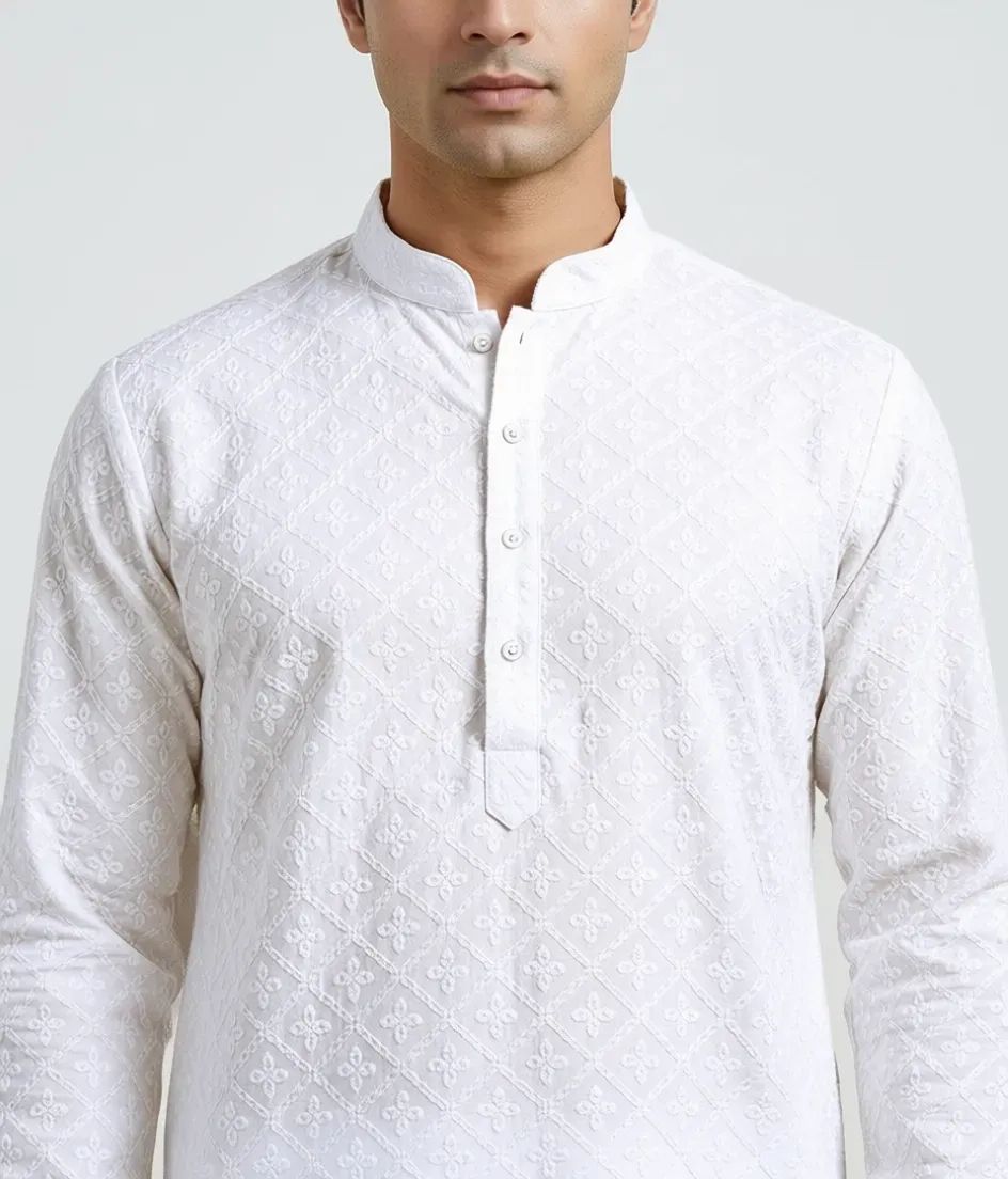 White Chikankari Kurta Pajama Set view 3