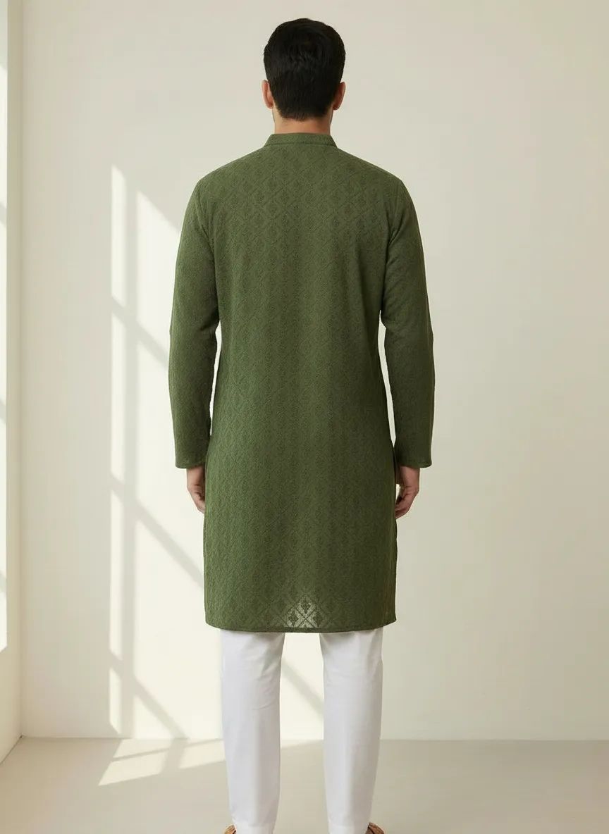 Green Chikankari Kurta Pajama Set view 2