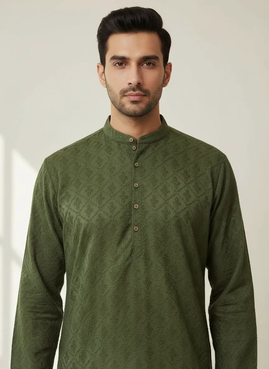 Green Chikankari Kurta Pajama Set view 3