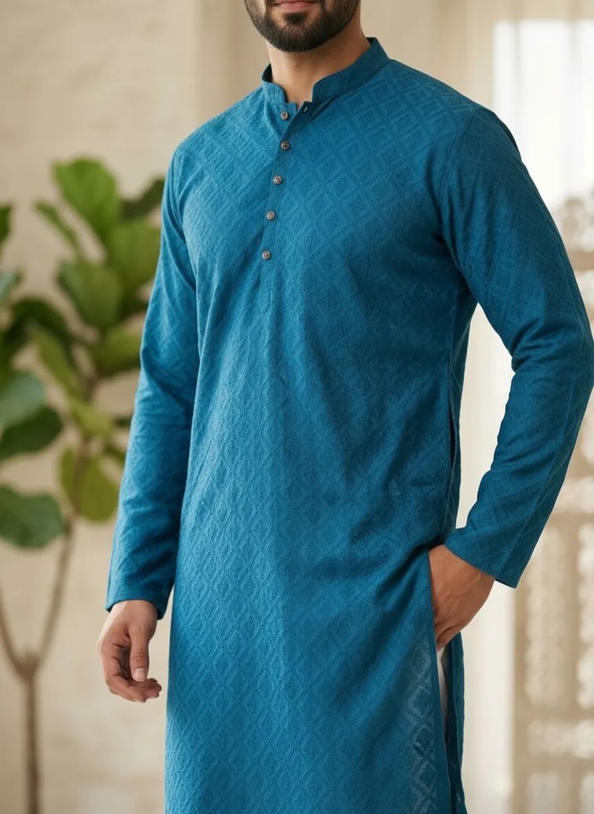 Turquoise Blue Chikankari Kurta Pajama Set view 2