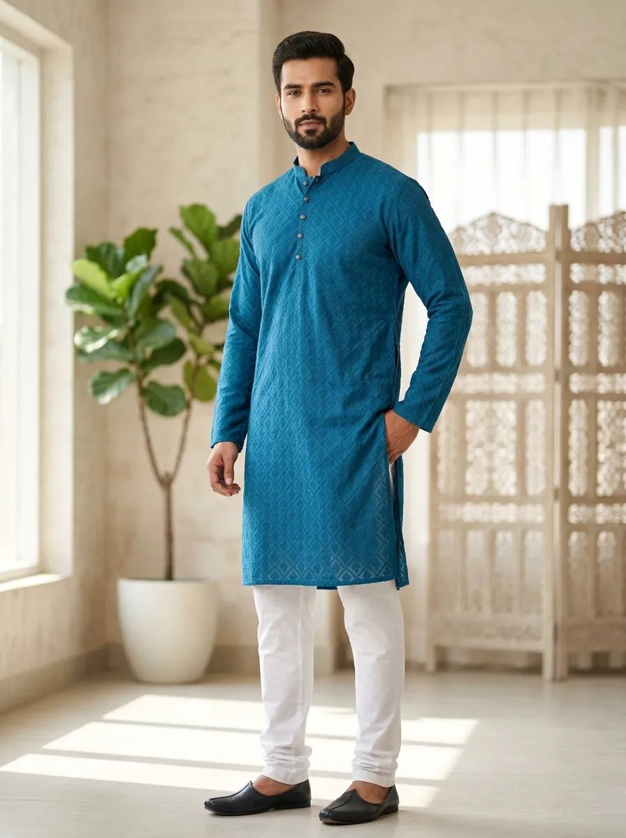 Turquoise Blue Chikankari Kurta Pajama Set