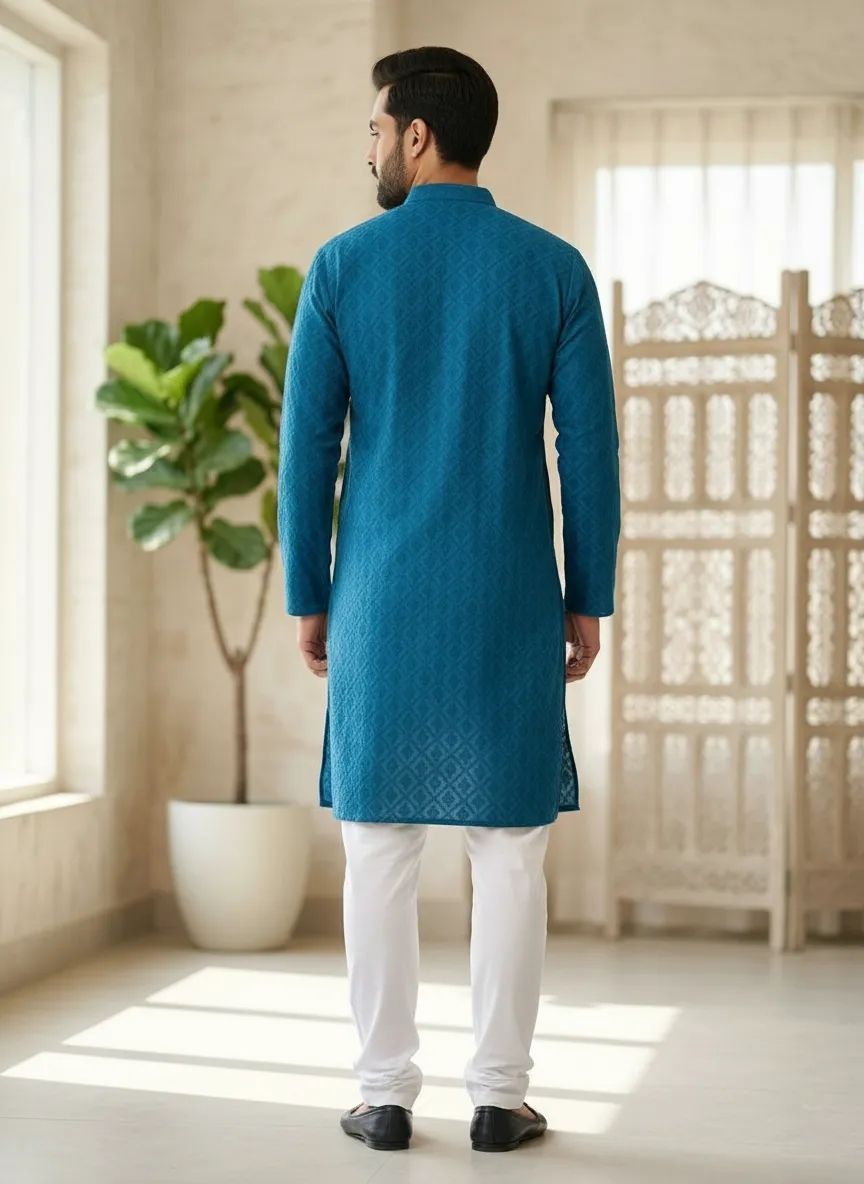 Turquoise Blue Chikankari Kurta Pajama Set view 3