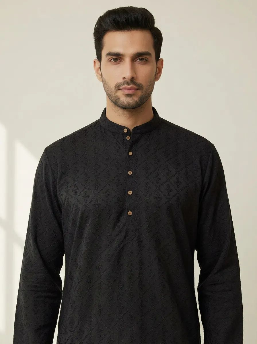 Black Chikankari Kurta Pajama Set view 3