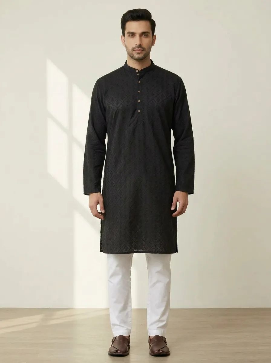 Black Chikankari Kurta Pajama Set