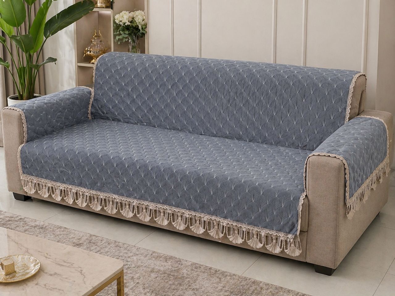 Elegant Quilted Sofa Cover with Tassel Lace Border ,36 Inchi Width view 4