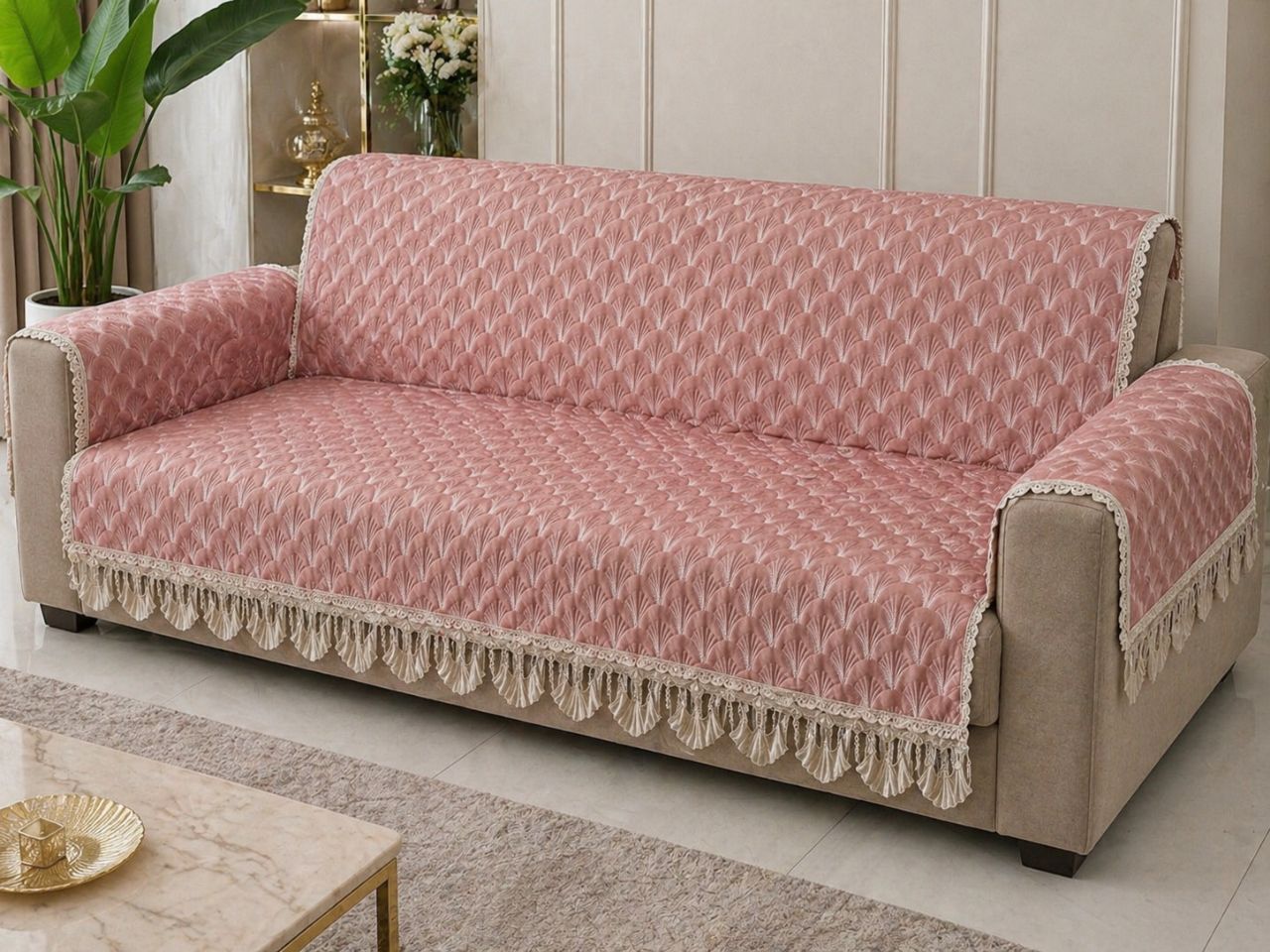 Elegant Quilted Sofa Cover with Tassel Lace Border ,36 Inchi Width view 3