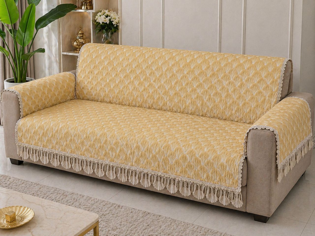 Elegant Quilted Sofa Cover with Tassel Lace Border ,36 Inchi Width view 2