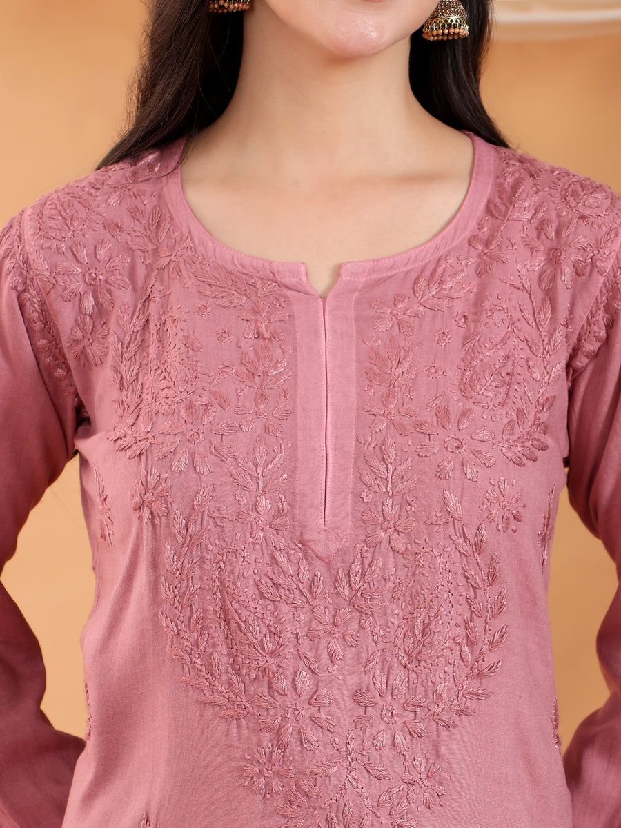 ROSE PINK SOFT MODAL CHIKANKARI HANDWORK KURTI PLAZO SET. view 2