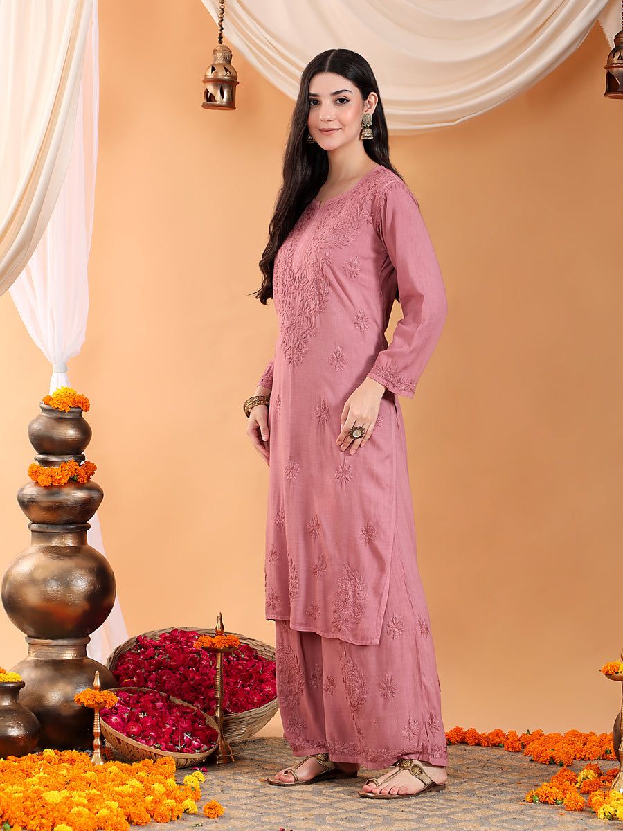 ROSE PINK SOFT MODAL CHIKANKARI HANDWORK KURTI PLAZO SET. view 4