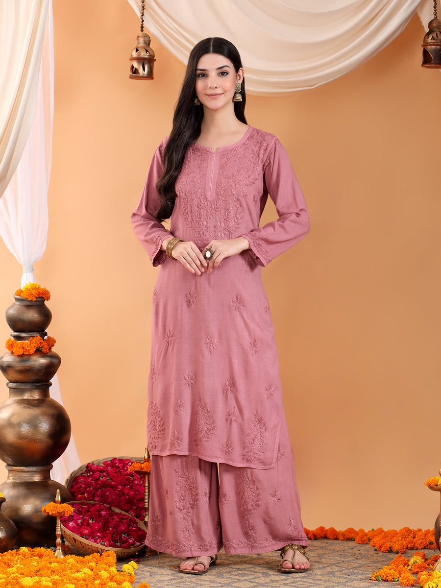 ROSE PINK SOFT MODAL CHIKANKARI HANDWORK KURTI PLAZO SET. view 3