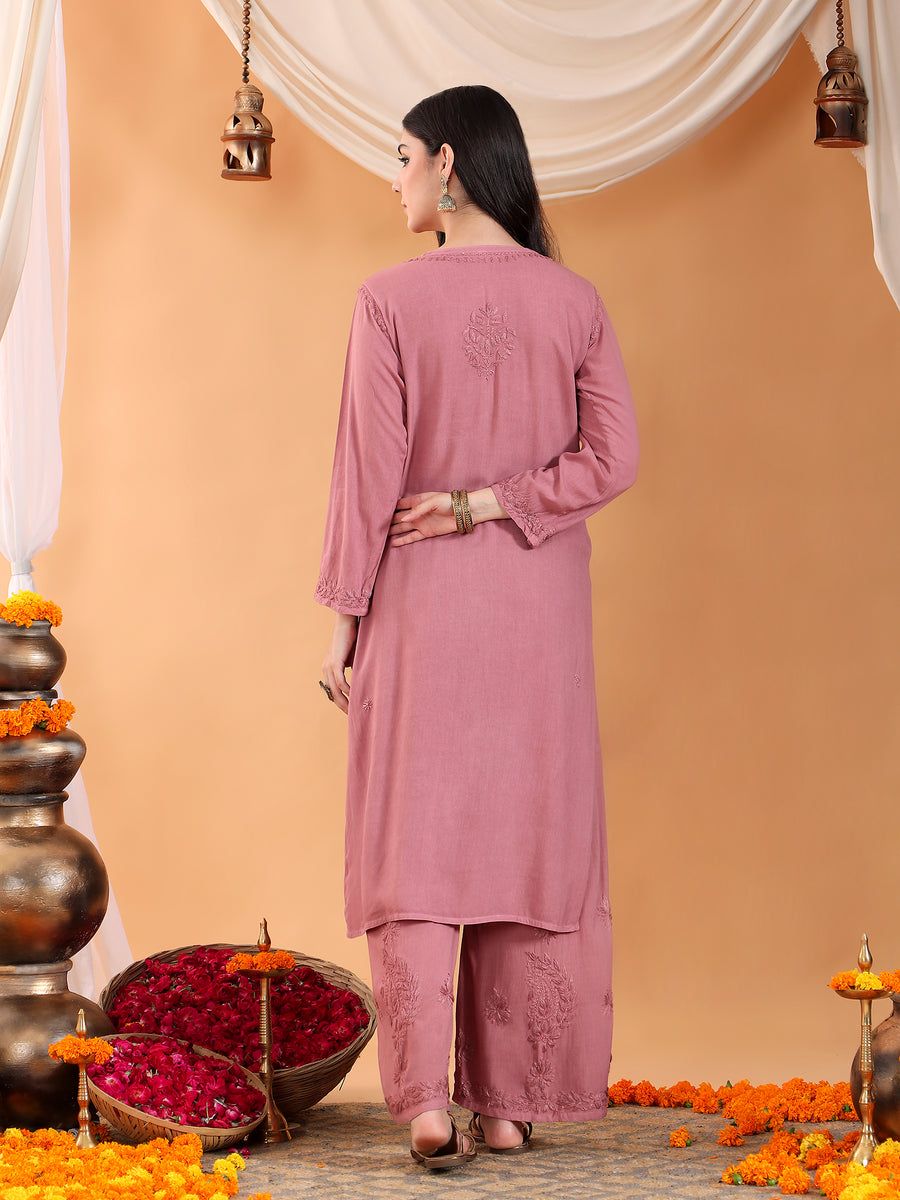 ROSE PINK SOFT MODAL CHIKANKARI HANDWORK KURTI PLAZO SET. view 5