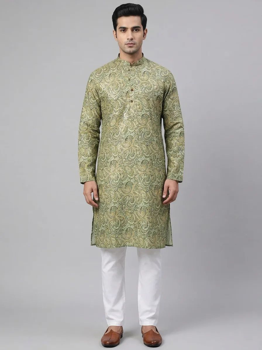 Paisley Printed Green Kurta Pajama Set