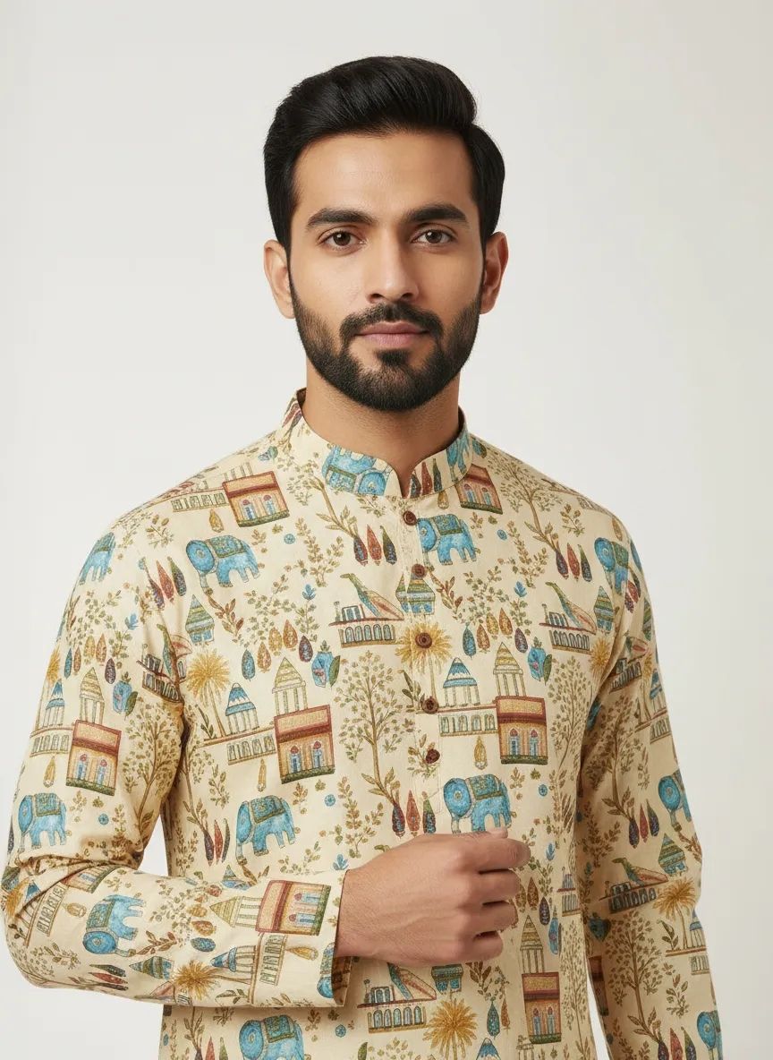 Light Yellow Printed Kurta Pajama Set view 2
