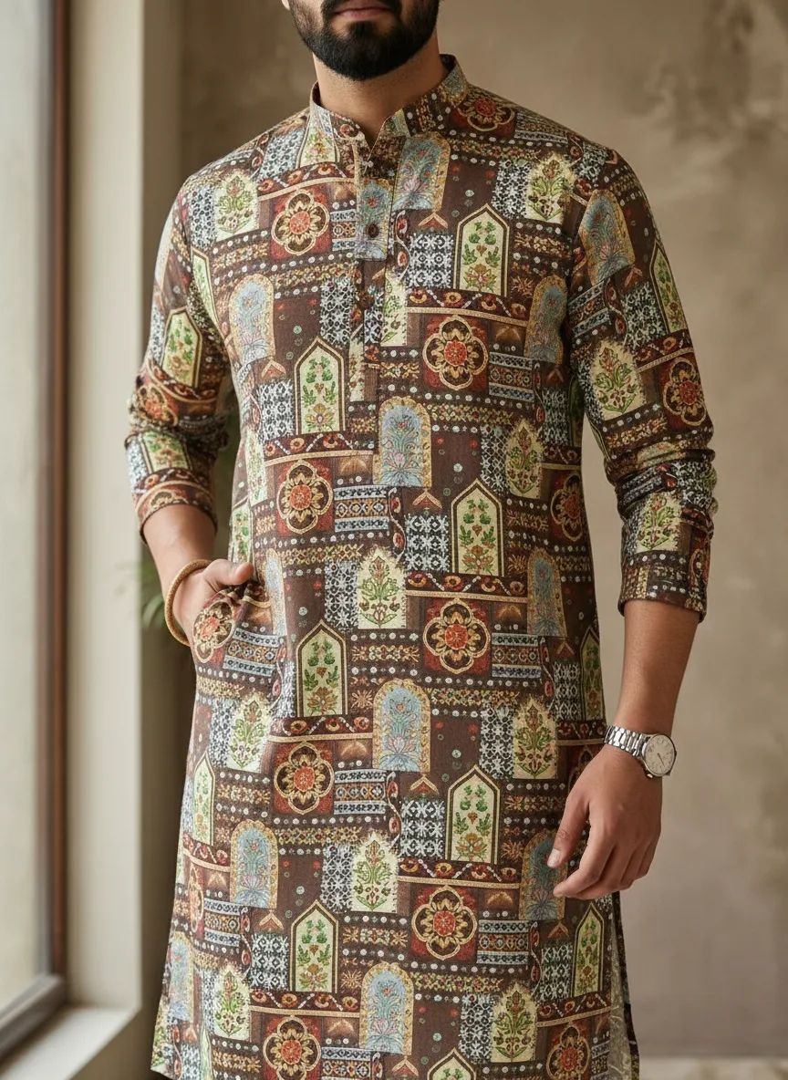 Brown Printed Kurta Pajama Set view 2