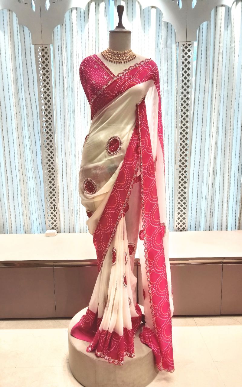 Designer Satin Creep Saree With Hand Work view 3