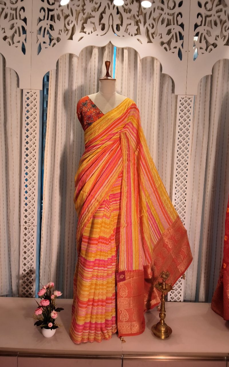 Georgette Saree With Resham Multicolor Stripe And Resham Palla view 4