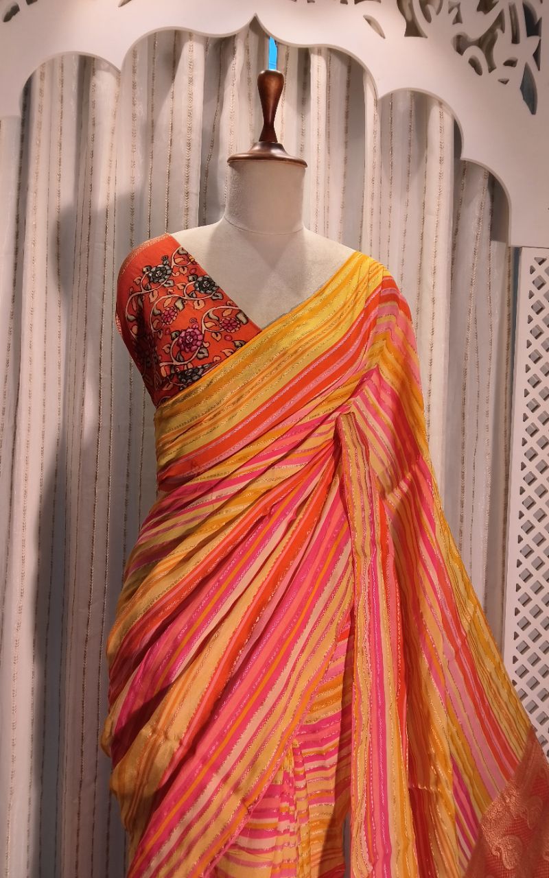 Georgette Saree With Resham Multicolor Stripe And Resham Palla view 6