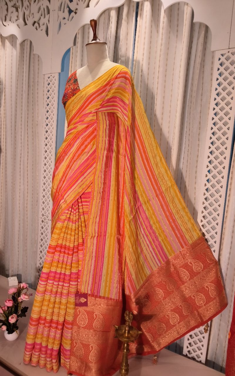 Georgette Saree With Resham Multicolor Stripe And Resham Palla view 2