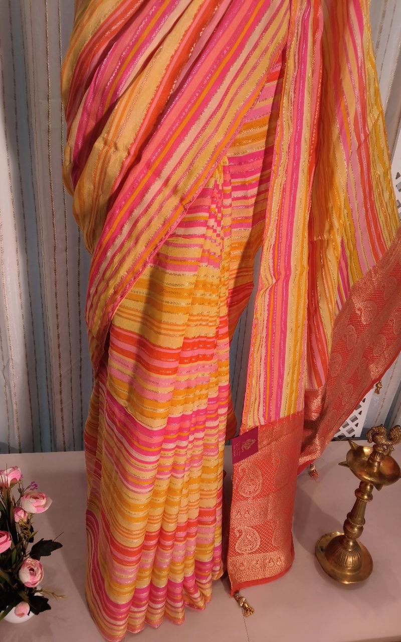 Georgette Saree With Resham Multicolor Stripe And Resham Palla view 5