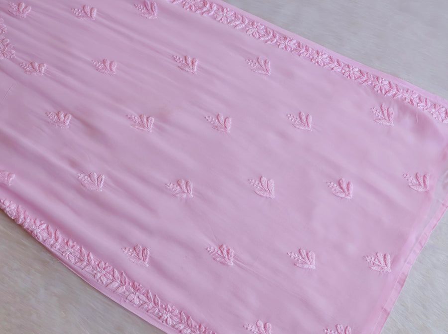 VISCOSE GEORGETTE LONG NOODLESTRAP HANDWORK KURTI IN BABY PINK. 🌸 view 3