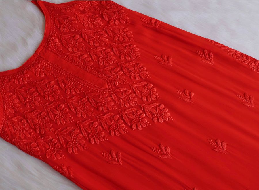 VISCOSE GEORGETTE LONG NOODLESTRAP HANDWORK KURTI IN RED. 🌸 view 2