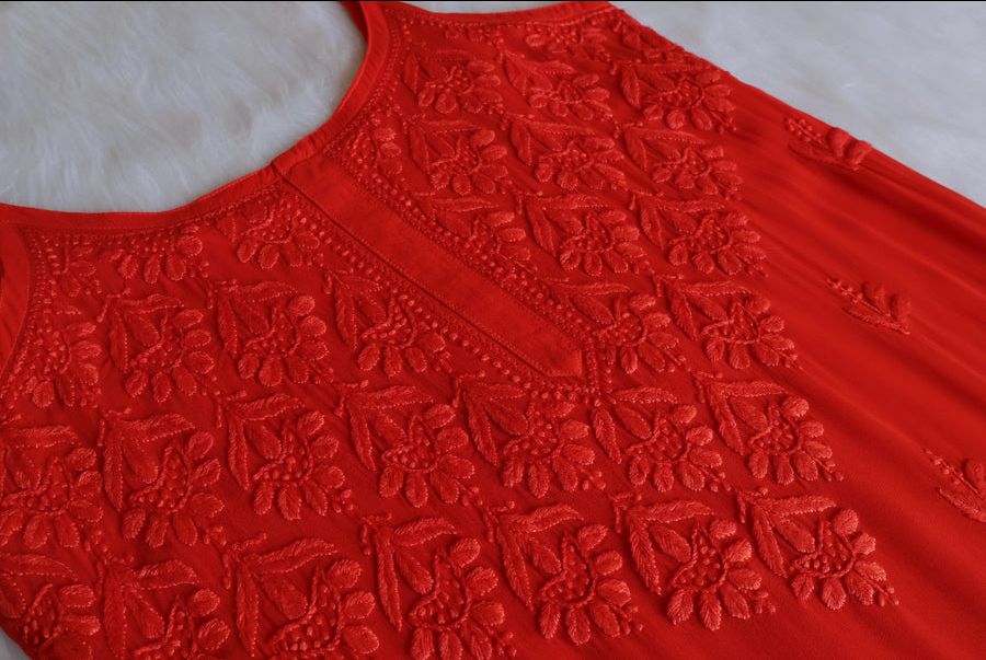 VISCOSE GEORGETTE LONG NOODLESTRAP HANDWORK KURTI IN RED. 🌸 view 3
