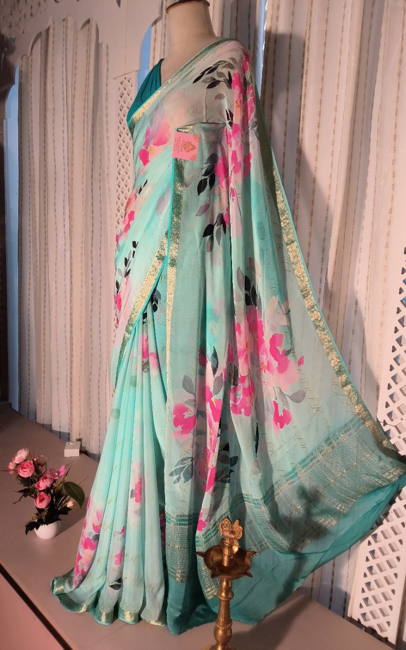 Digital Print Pure Chiffon Saree With Jerry Border view 5
