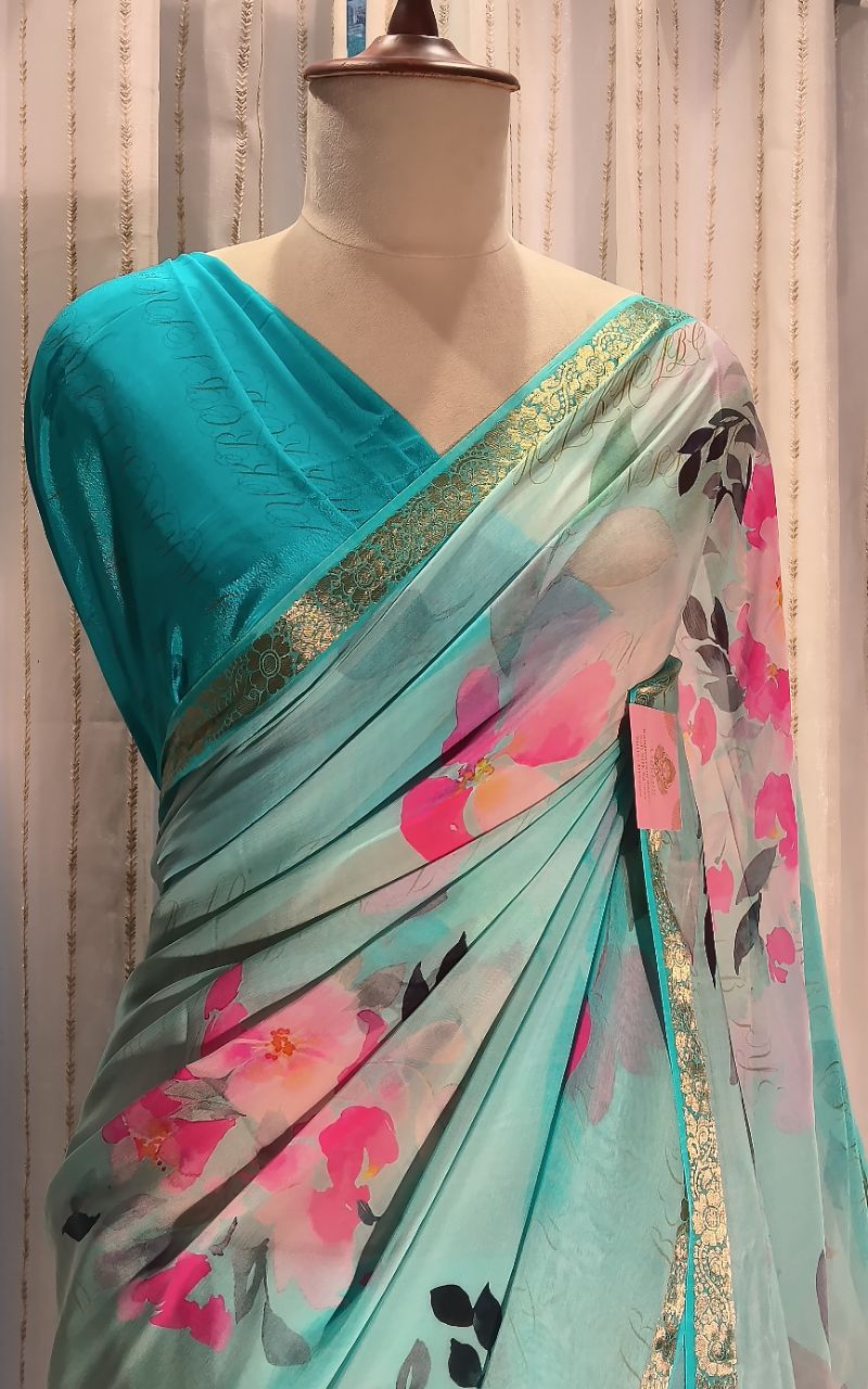 Digital Print Pure Chiffon Saree With Jerry Border view 7