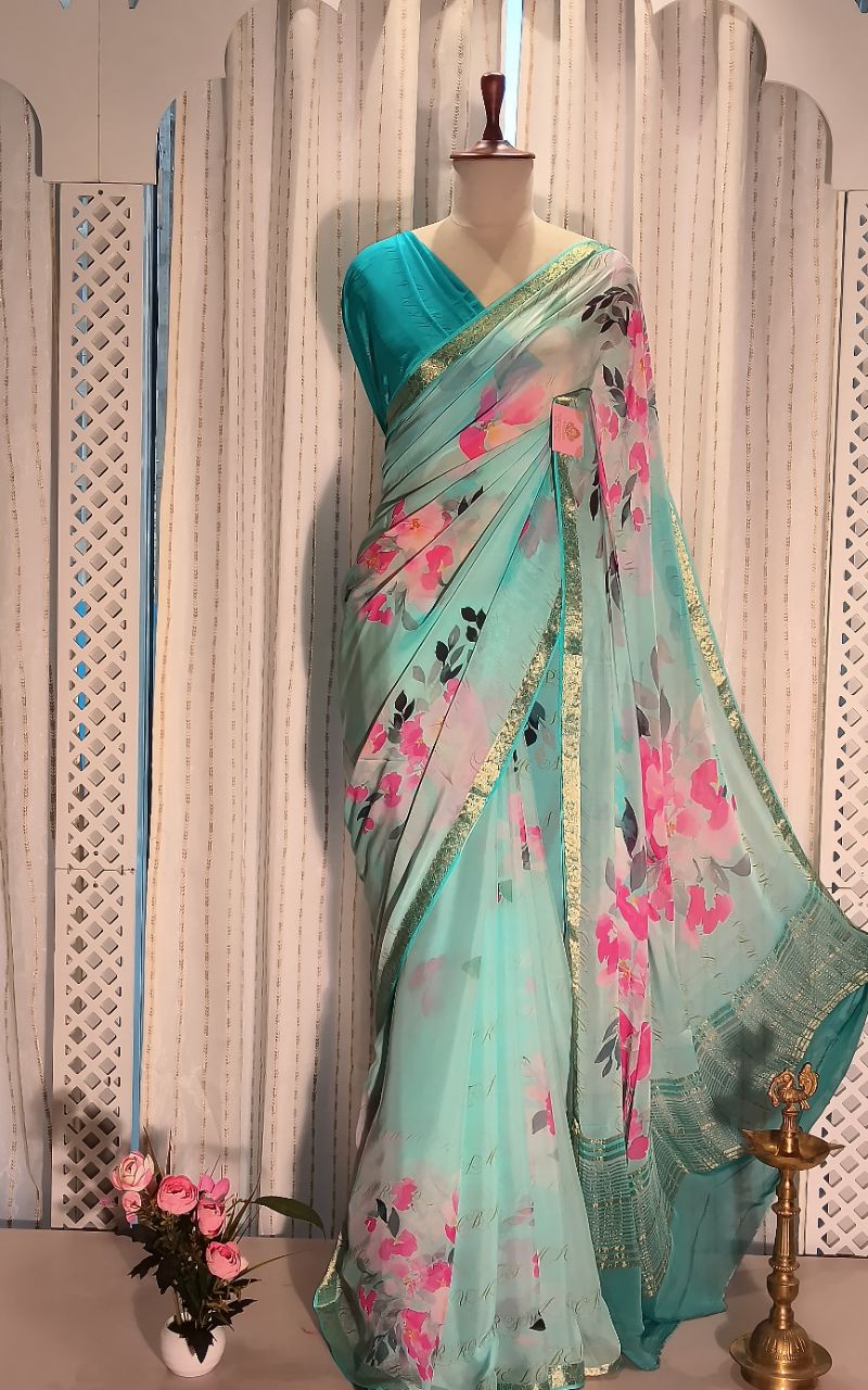 Digital Print Pure Chiffon Saree With Jerry Border view 6