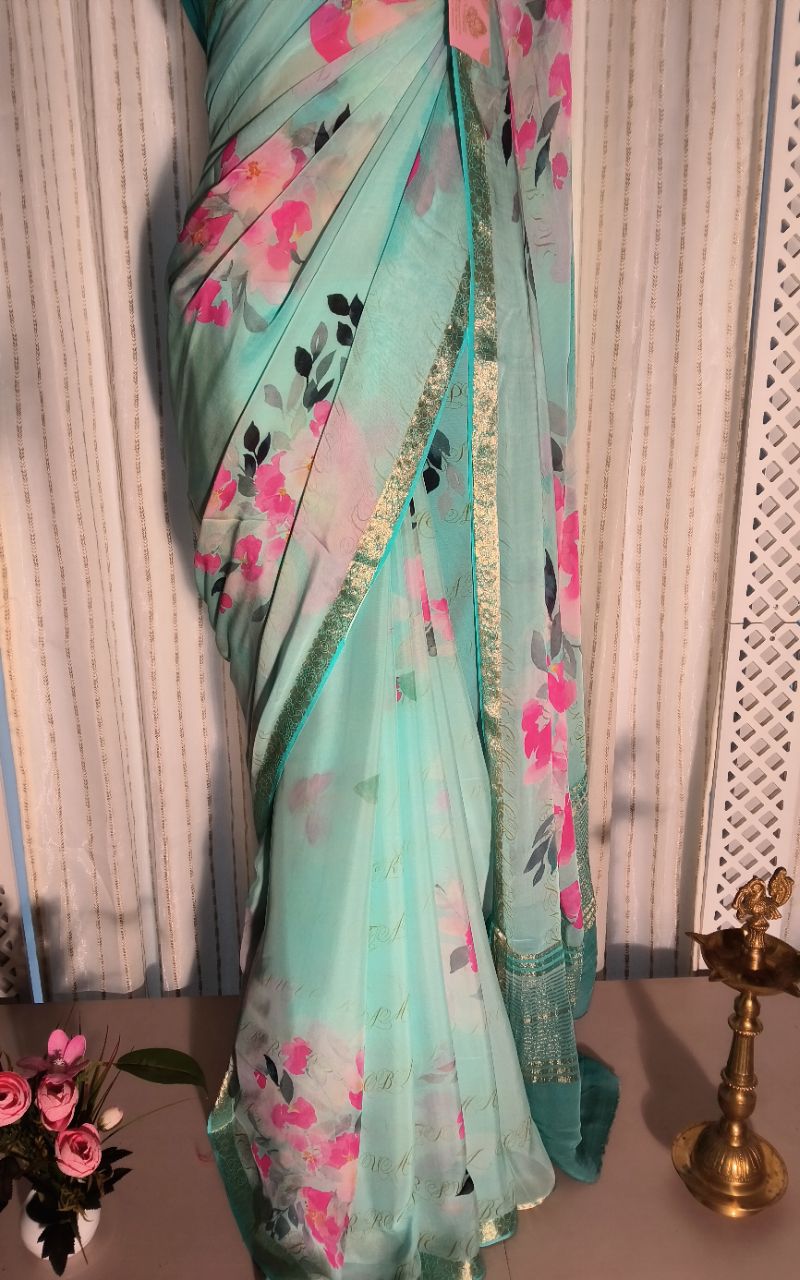 Digital Print Pure Chiffon Saree With Jerry Border view 8