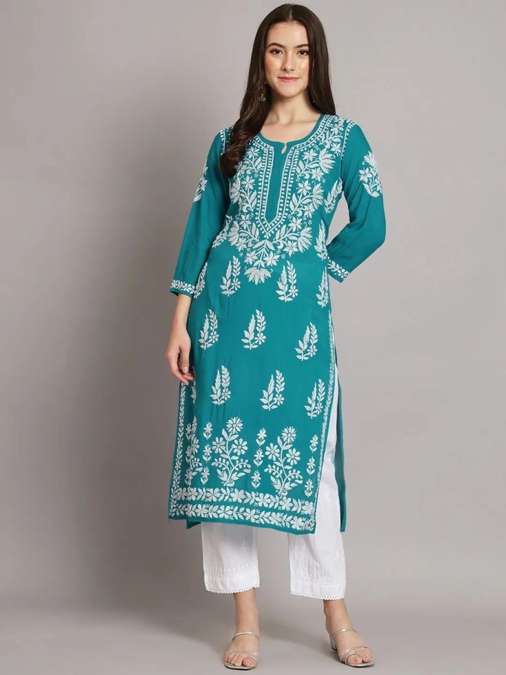 PURE COTTON SEA GREEN LONG HANDWORK KURTI.