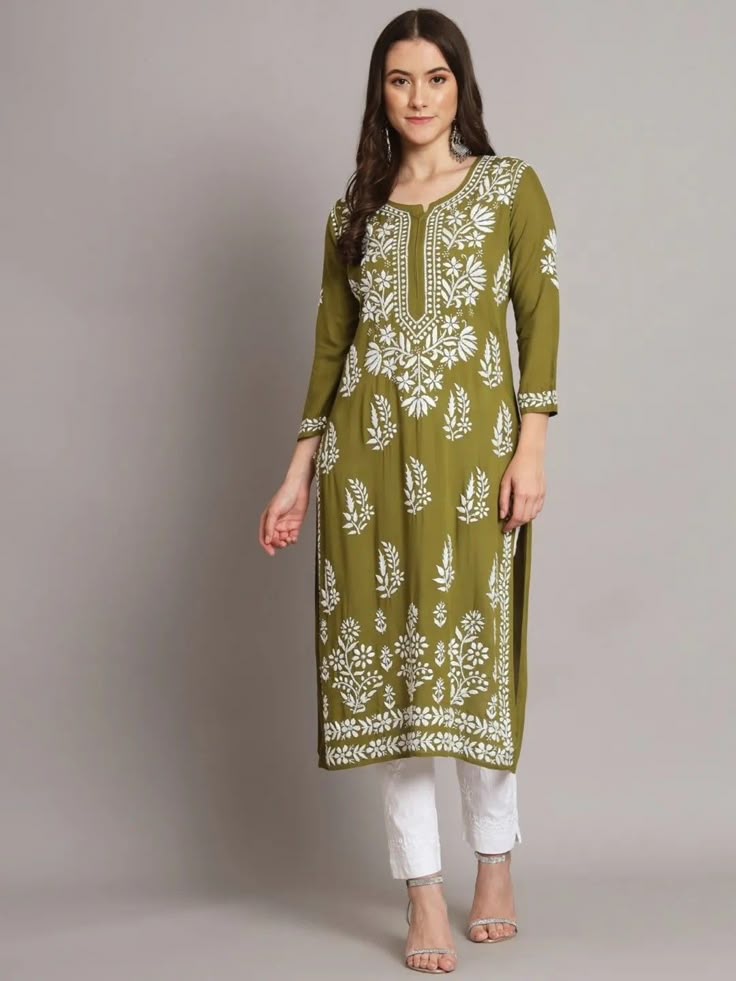 OLIVE GREEN PURE COTTON LONG HANDWORK KURTI.