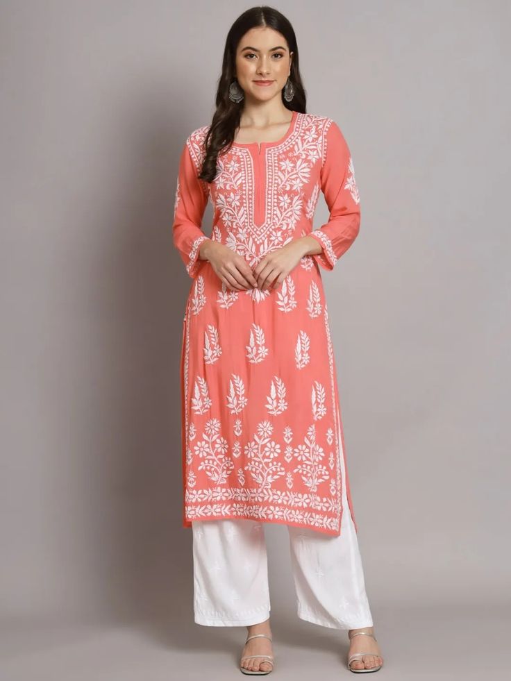 PEACH PURE COTTON LONG HANDWORK KURTI.